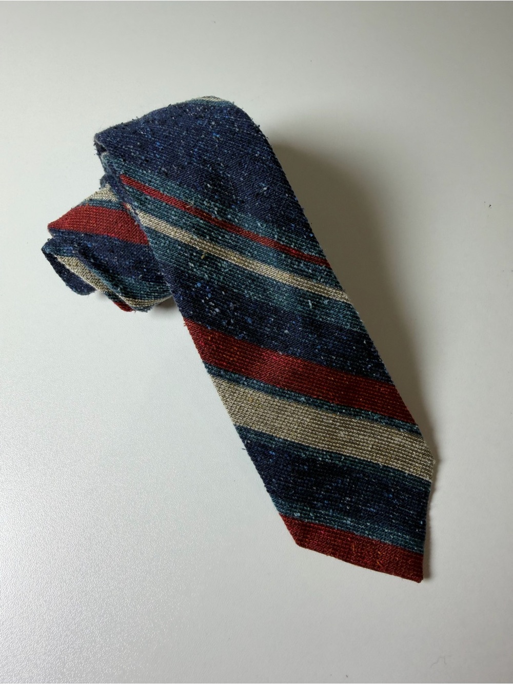J. Crew Hand Made 100% Linen Navy Knit Tie with Red and Cream Stripes Classic